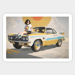 Vintage girl and retro yellow car Sticker